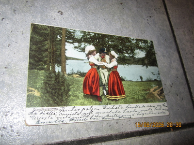 Kansantanssi-kortti upeilla Oulun ja Viipurin leimoilla 1907