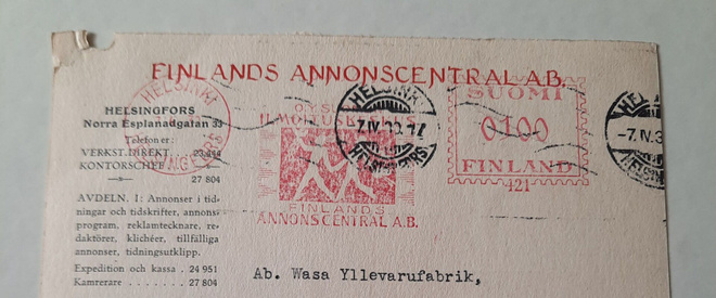 Kuva/firmaleima, O.Y. Suomen Ilmoituskeskus, 7.4.1930