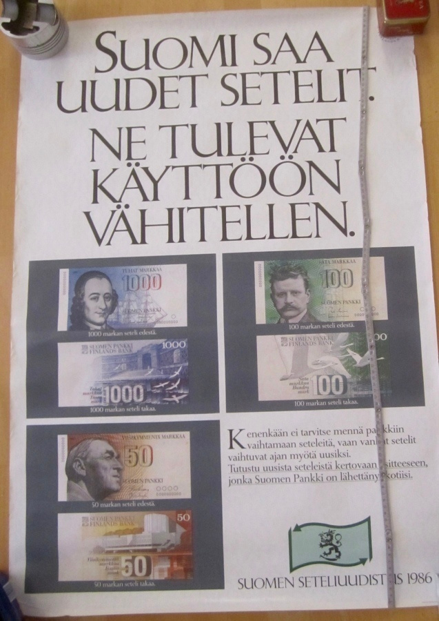 VANHA Juliste Suomen Seteliuudistus 1986 ISO