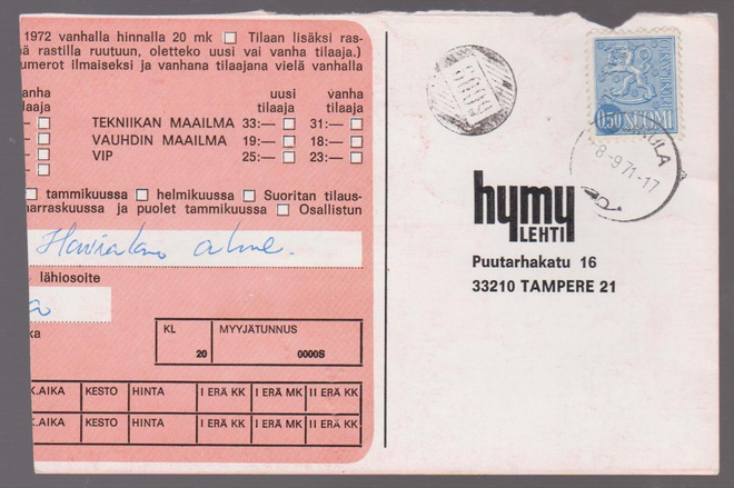 6009 NRO-LEIMA JA 8.9.71 ..KULA LEIMA M63 0.50MK HYMY LEHTI