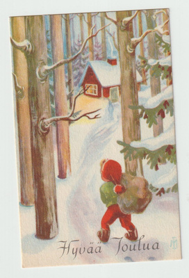 Marianne Telegin : Tonttu säkkeineen kohti taloa (7x10 cm )
