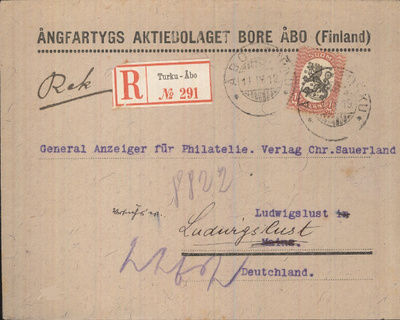 Firmakuori ÅNGFARTYGS AKTIEBOLAGET BORE R-kirje Saksaan 1919