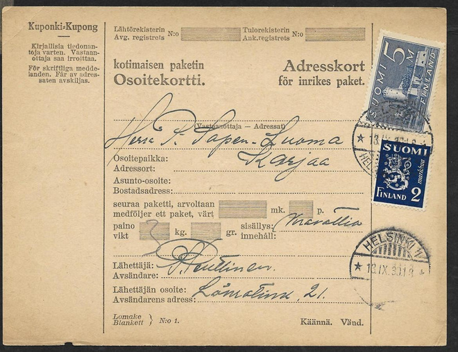 Pakettikortti - Yl.m. 2+5mk (LAPE 153+155) Hki 13.12.30