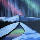 Käsin maalattu taulu 40 × 40 cm – revontulet ja vuoristomais - pikkukuva 1