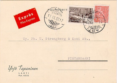 1942 50mk Tampere pikamaksuna postikortilla 1957