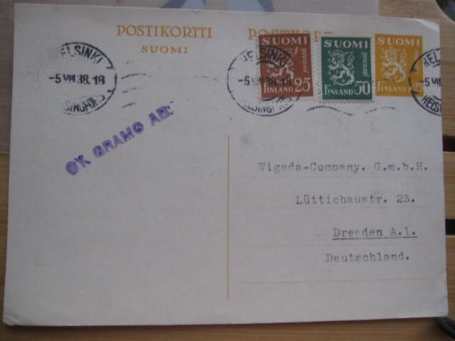 Firmakuori ehiökortilla M 30 merkein Saksaan 1938