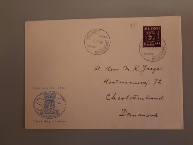FDC Suomi M-30 1948 12/10mk yksin Tanskaan