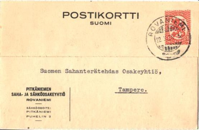 FIRMAKORTTI ROVANIEMI PITKANIEMEN SAHA -JA SÄHKÖ.