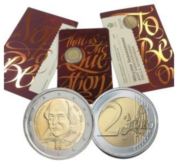 ** SAN MARINO 2€ 2016 Shakespeare kansiossa **