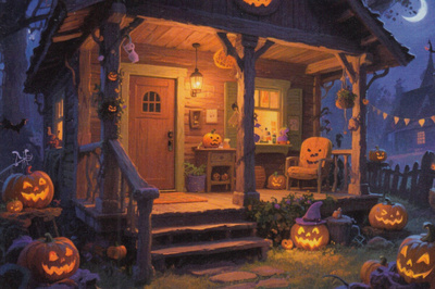 Halloween koristeltu mökin kuisti