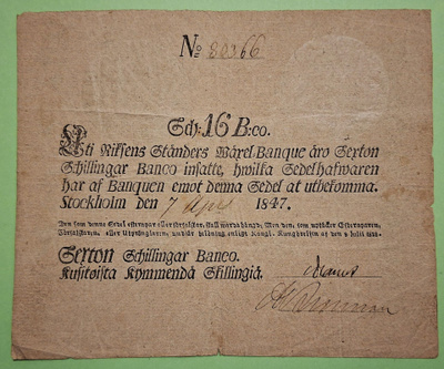 Ruotsi, 16 Schillingar Banco 1847, kunto 3-4.