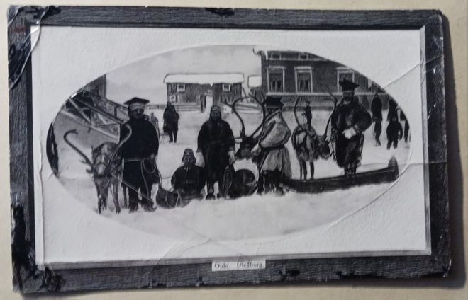 Oulu, lappilaisia ja ajoporoja, ahkioita keskustassa p. 1916