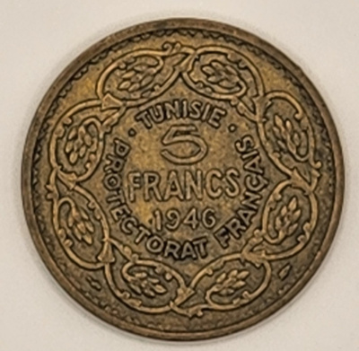 5 Francin kolikko Tunisia 1946