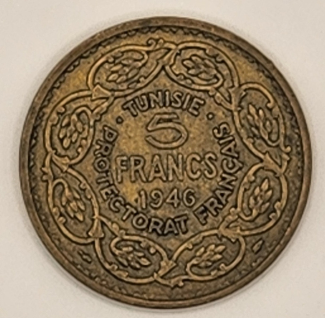 5 Francin kolikko Tunisia 1946