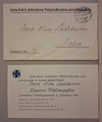 Joensuu: 1934 Lotta-Svärd yhd. virkakuori ja kortti (1859)