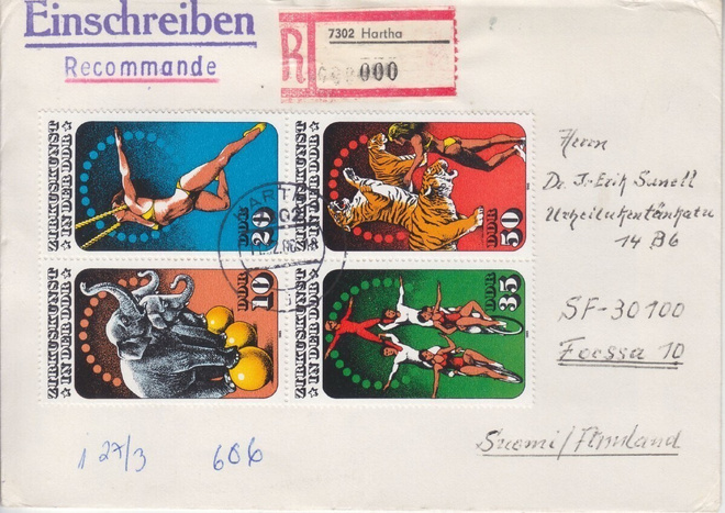 Saksa DDR 1985 Sirkus nelilö kirjeellä.