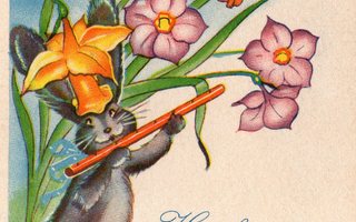 Vanha pääsiäiskortti- jänis soittaa huilua