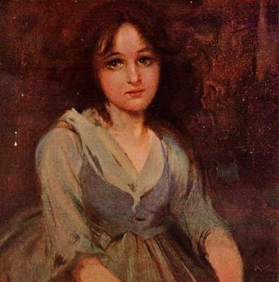 NAINEN / Suurisilmäinen tyttö kädet helmassa. 1910-l.