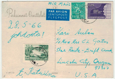 1965 Sibelius 25p ym lentokortti USAhan