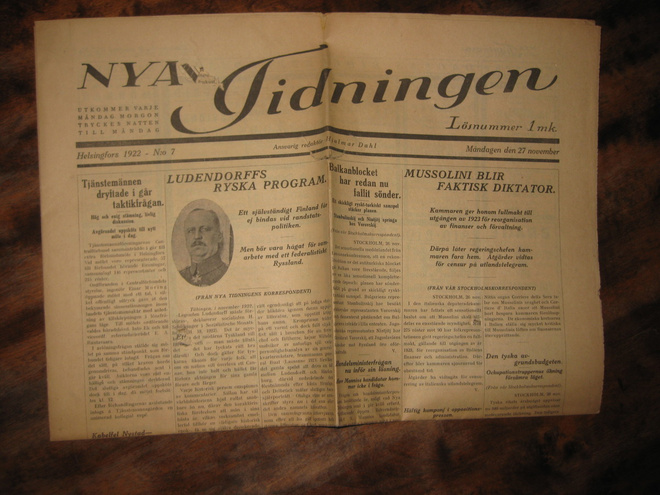 Sanomalehti  Nya Tidningen 27.11.1922