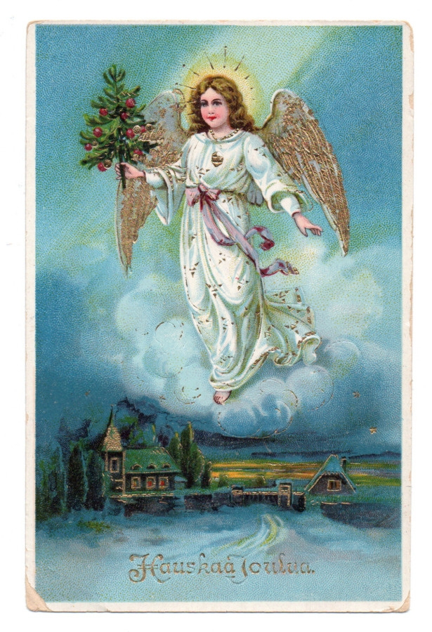 Ikivanha Enkeli Postikortti kulkenut 1924 "Kullattu"