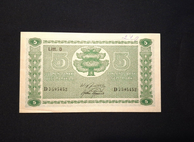 5 Markkaa 1939 Litt,D Kunto 9