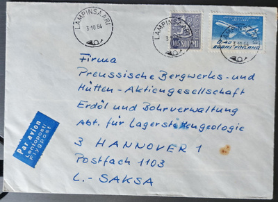 Lentopostikirje LAMPINSAARI - Hannover 1964 lentomerkillä