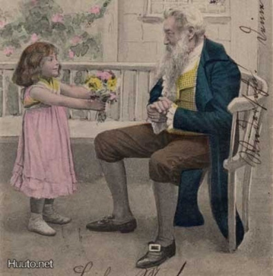 ISOVANHEMMUUS / Tyttö tuo ukille kukkia. 1900-l.
