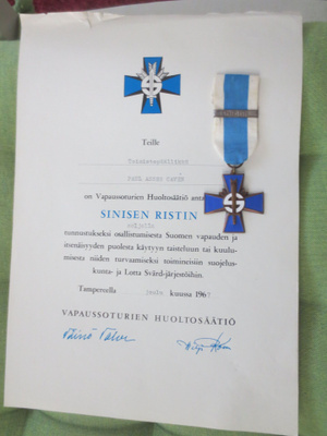 Vapaussodan Sininen Risti Soljella 1917-1918 Myöntökirjalla