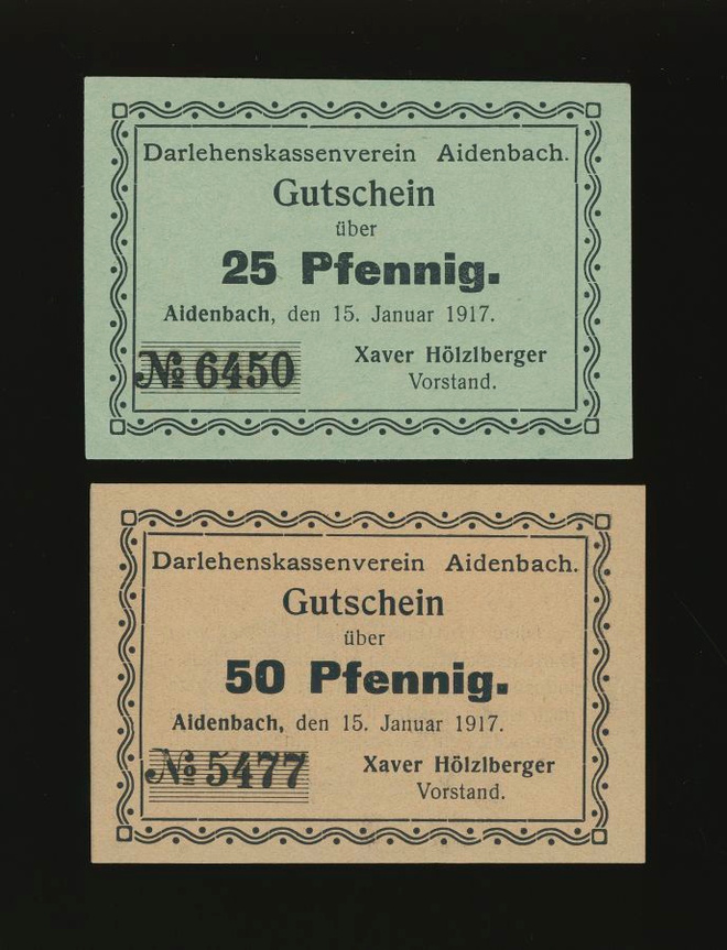 Saksa Notgeld 25, 50 Pfennig, Aidenbach 15.1.1917