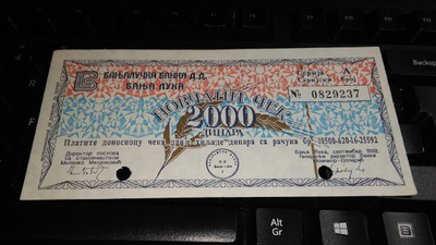 Bosnia & Herzegovina 2000 dinara 1992 military check UNC