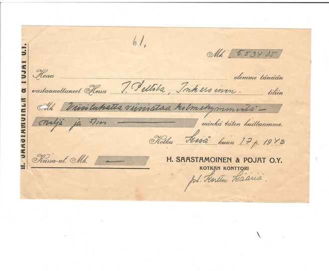 ASIAPAPERI KOTKA SAASTAMOINEN & POJAT            KUITTI 1943