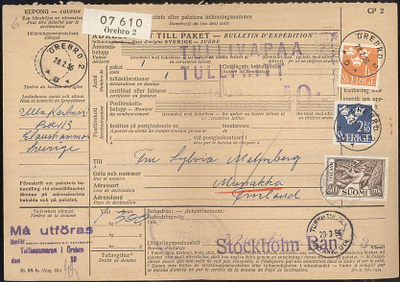 1952 40mk puunhakkaaja ruotsalaisen paketin tullaus