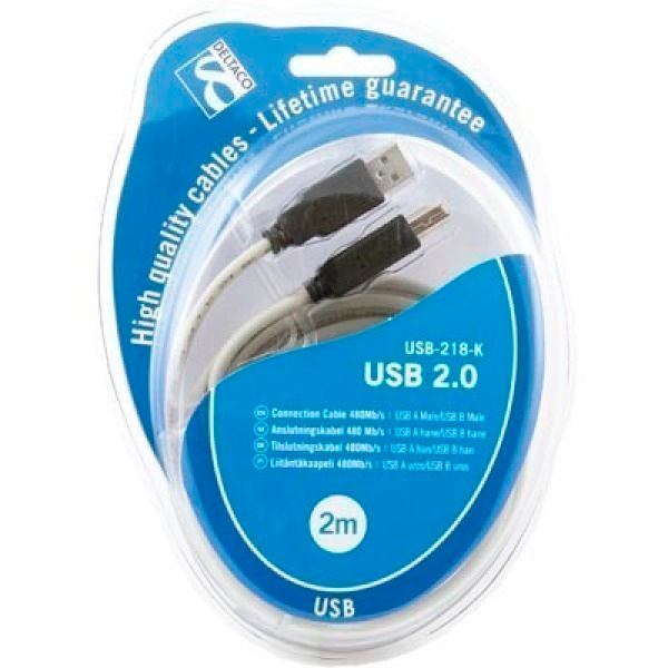 Deltaco USB 2.0 kaapeli A uros - B uros, 2m *UUSI*