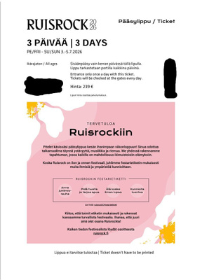 Myydään 3 päivän Ruisrock 2026 lippu