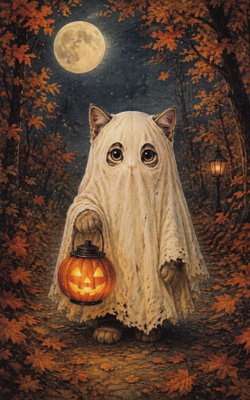 Halloween kissalla haamuasu ja kurpitsalyhty