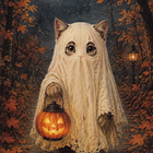 Halloween kissalla haamuasu ja kurpitsalyhty - pikkukuva 1