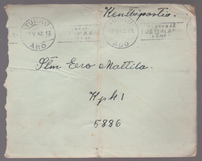 KENTTÄPOSTIA 19.V.42 TURKU KONELEIMALLA KUORI TAITTUNUT JOSK