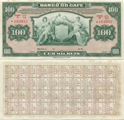 Brasilia Banco Do Cafe 100 Mil Reis 1890 UNC- (183952) ALE!