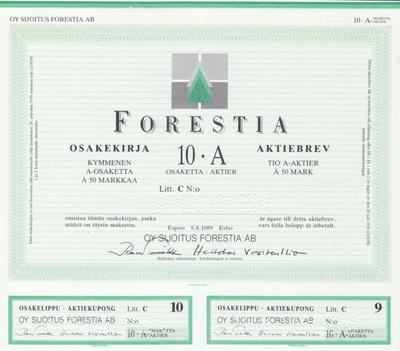 OKK 1989 Forestia Oy spec, Espoo pörssi osakekirja