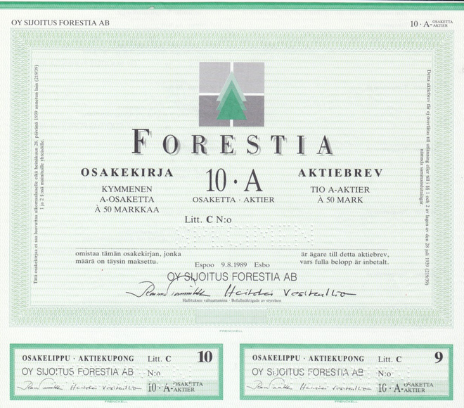 OKK 1989 Forestia Oy spec, Espoo pörssi osakekirja