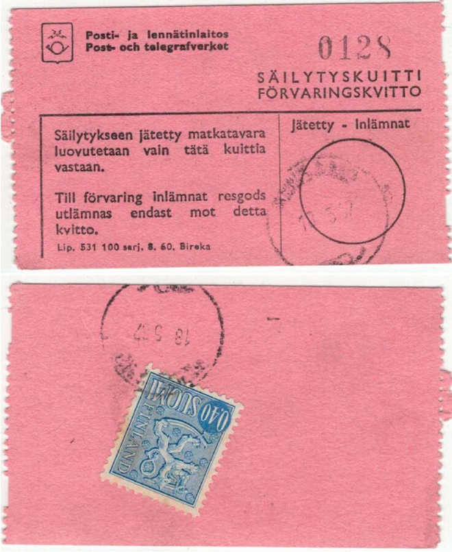 1967 40p sininen leijona postiautoaseman säilytyskuitilla