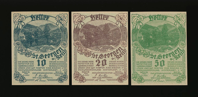 Itävalta Notgeld 10, 20, 50 Heller, St. Georgen 1920