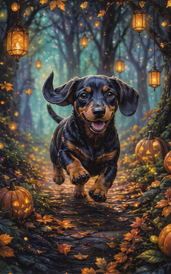 Halloween mäyräkoira juoksee metsäpolulla