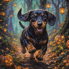 Halloween mäyräkoira juoksee metsäpolulla - pikkukuva 1