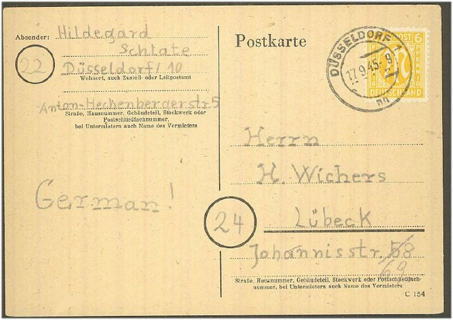 BRD Mi 20 postikortti 17.9.45