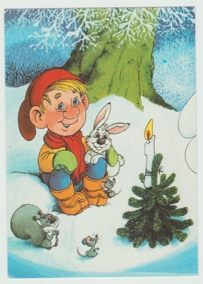 Tonttu ja eläimet , kynttilä kuusen latvassa