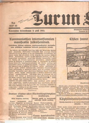 Turun Sanomat, yli satavuotias, kuusi sivuinen.