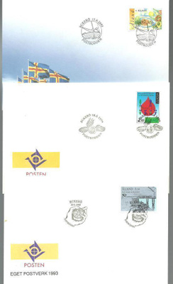 ÅLAND erikoisleimat kuoret X 3, Postisoutu 1993, 94 & 02