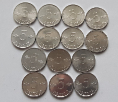 5 penni vuodet 1977 - 1990, yhteensä 14 kpl, UNC